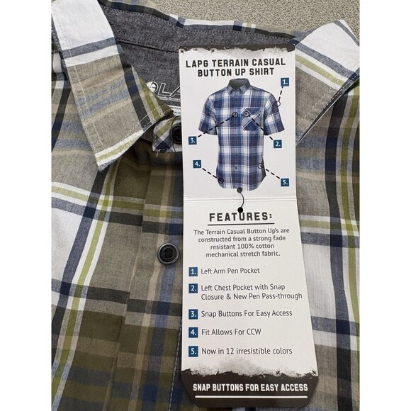 LAPG NWT Green White Cotton Plaid Terrain Shirt Mens X-Large Pocket Short Sleeve - Picture 3 of 10